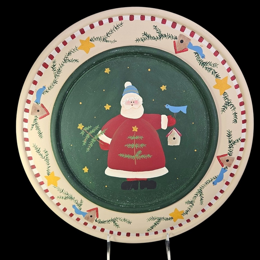 Wooden Hand Painted Santa Claus Folkart Primitive‎ Decorative Christmas Plate